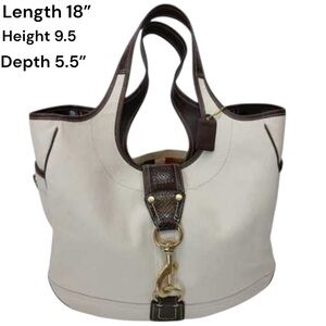 Coach Off White Canvas & Leather LG Tote Bag with Gold Clasp – Brown Trim, 18”